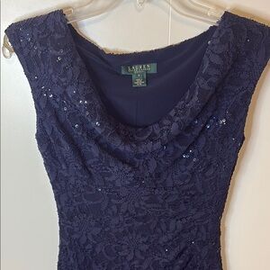 🍾Holiday! Lauren Ralph Lauren Navy Sleeveless Cowl Neck Lace Sequin Sheath Dress